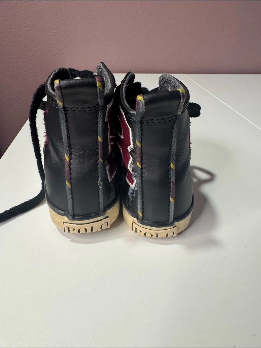 Polo by Ralph Lauren Black Leather Kids High-Top Boots with Cream Toe Caps